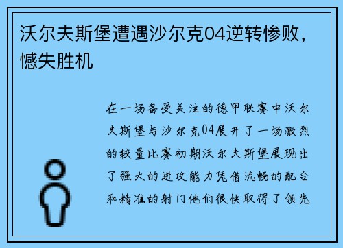 沃尔夫斯堡遭遇沙尔克04逆转惨败，憾失胜机